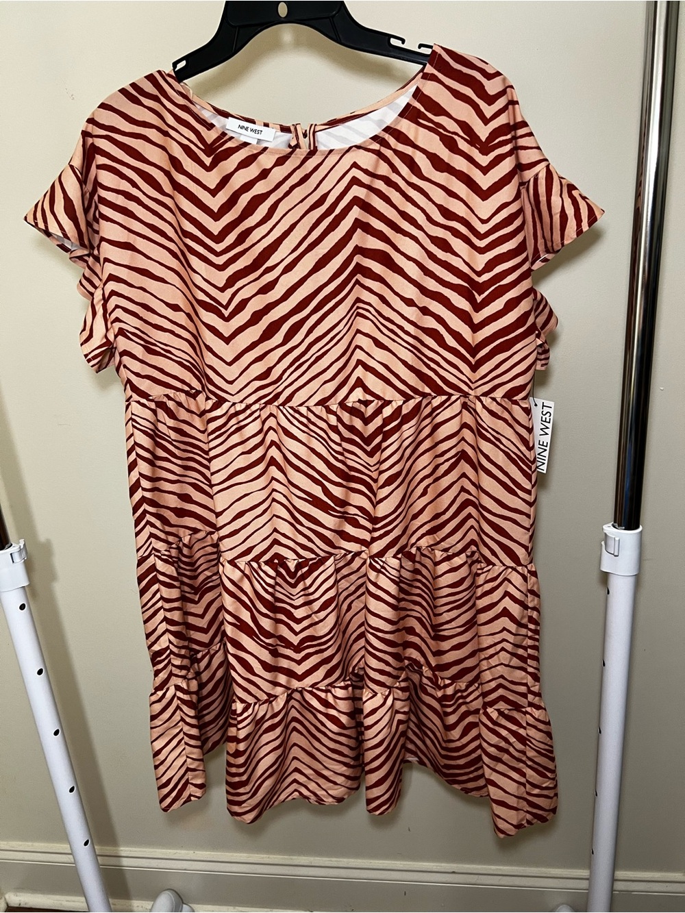 Nine West Rust and Cream Zebra-Print Tiered Casual Dress